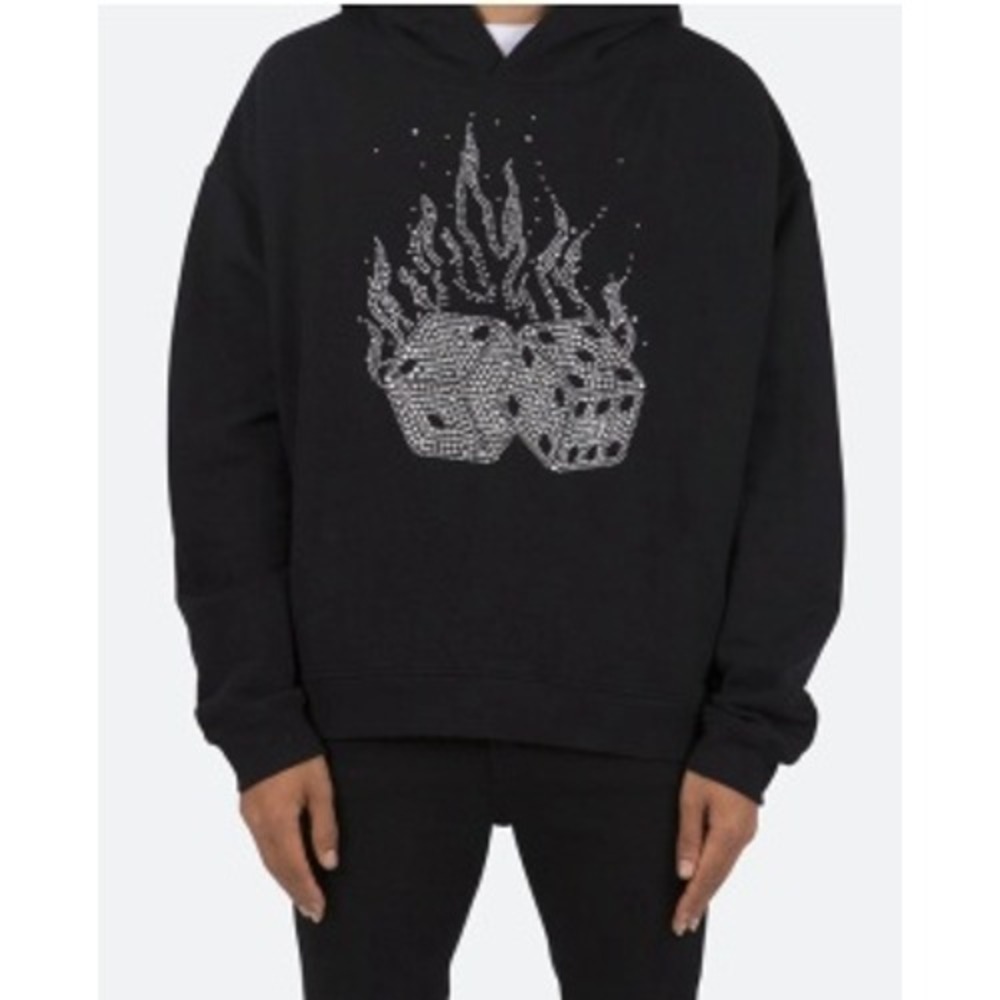 mnml Flaming Dice Rhinestone Hoodie Sweatshirt Mens M Black Streetwear Casual